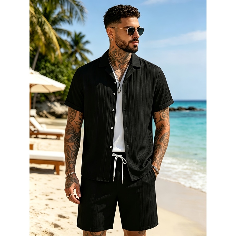 Summer Clothing Sets Men - 2Men's Summer Casual Suit Set，Cuban collar