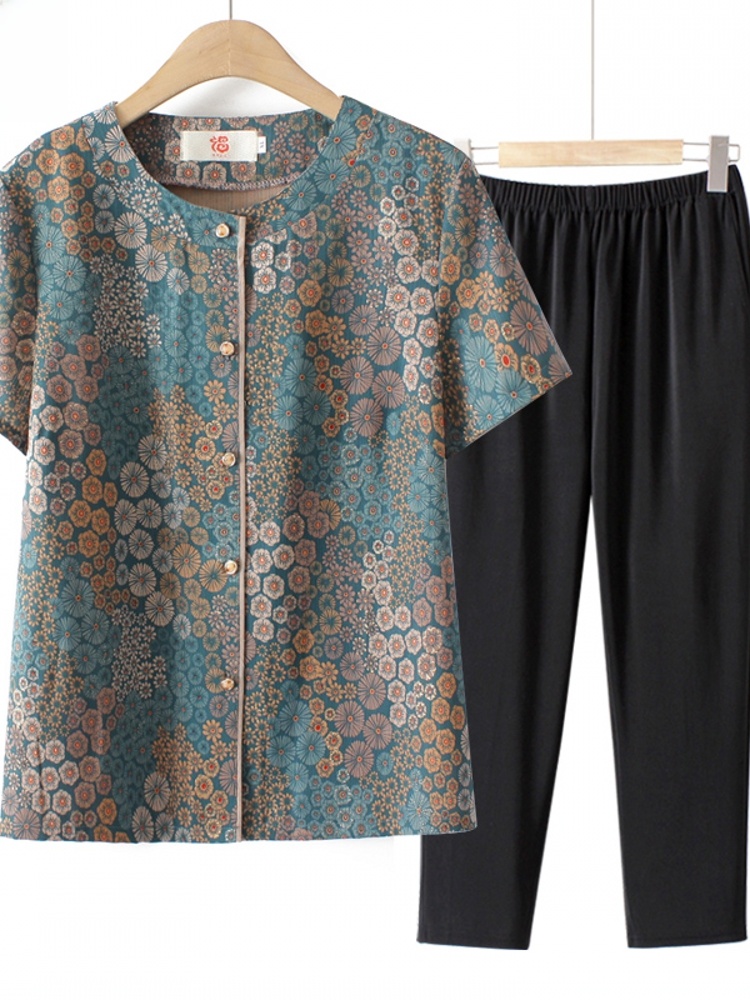 Summer Clothing Over 60 - Grandma Style Short Sleeve Two-Piece Set