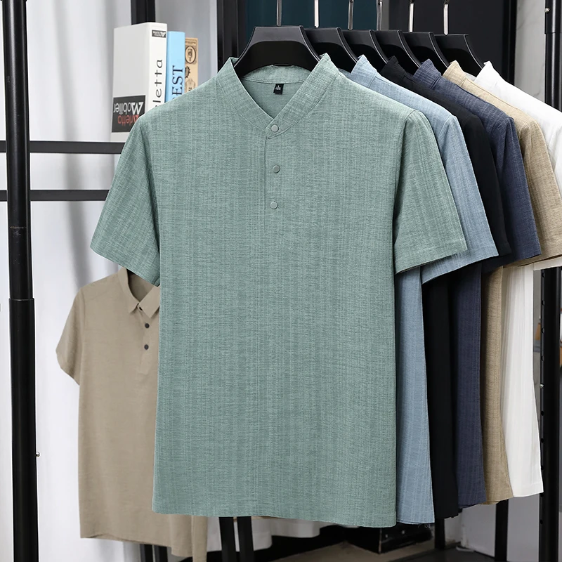 Mens Mandarin Collar Half Plac - Summer Clothing Men Linen recension och pris