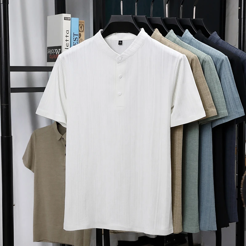Mens Mandarin Collar Half Plac - Summer Clothing Men Linen recension och pris