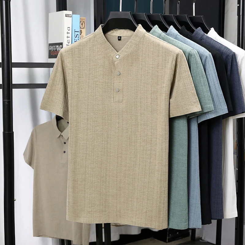 Mens Mandarin Collar Half Plac - Summer Clothing Men Linen recension och pris