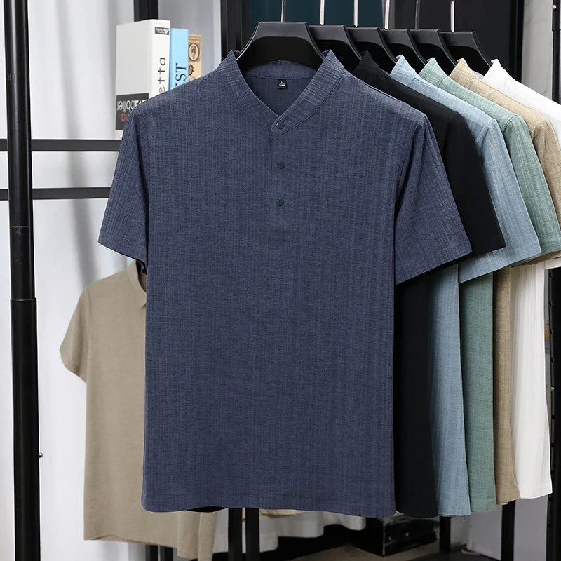 Mens Mandarin Collar Half Plac - Summer Clothing Men Linen recension och pris